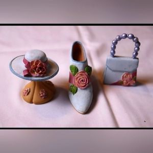 Miniature Baby Blue with Pink Flower Shoe Hat w/Stand & Handbag Resin